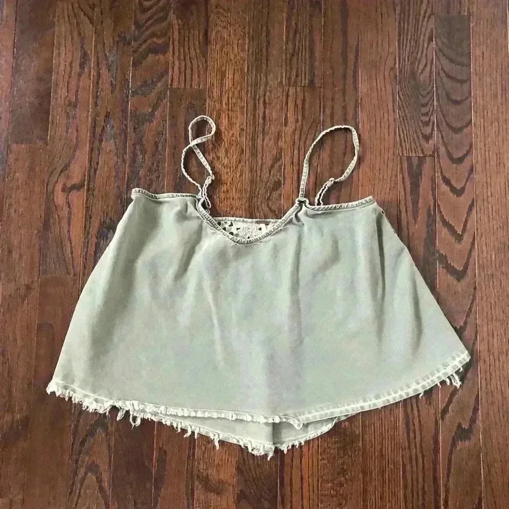 Free People Women’s S Hunter/Army Green Spaghetti Straps Crop Top w/Fringe - EUC